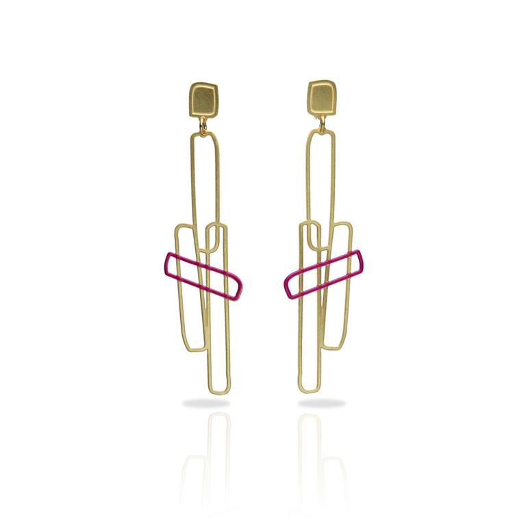 Ras Block Duo Fuchsia oorbellen verguld